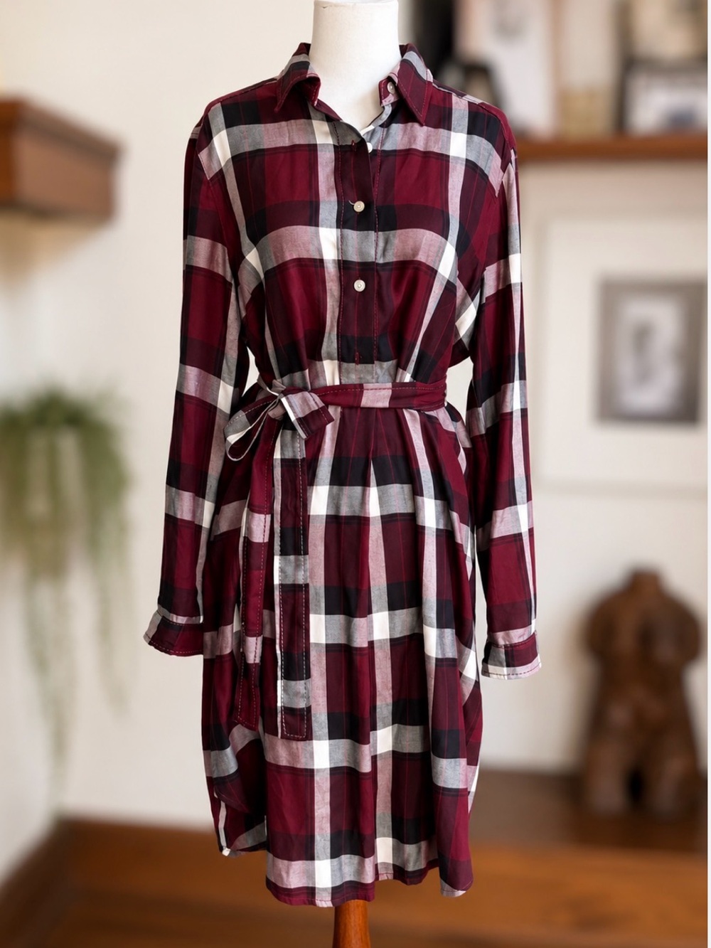 Max Studio Plaid Shirt Dress Belted Burgundy Midi Roll Tab Sleeve Medium